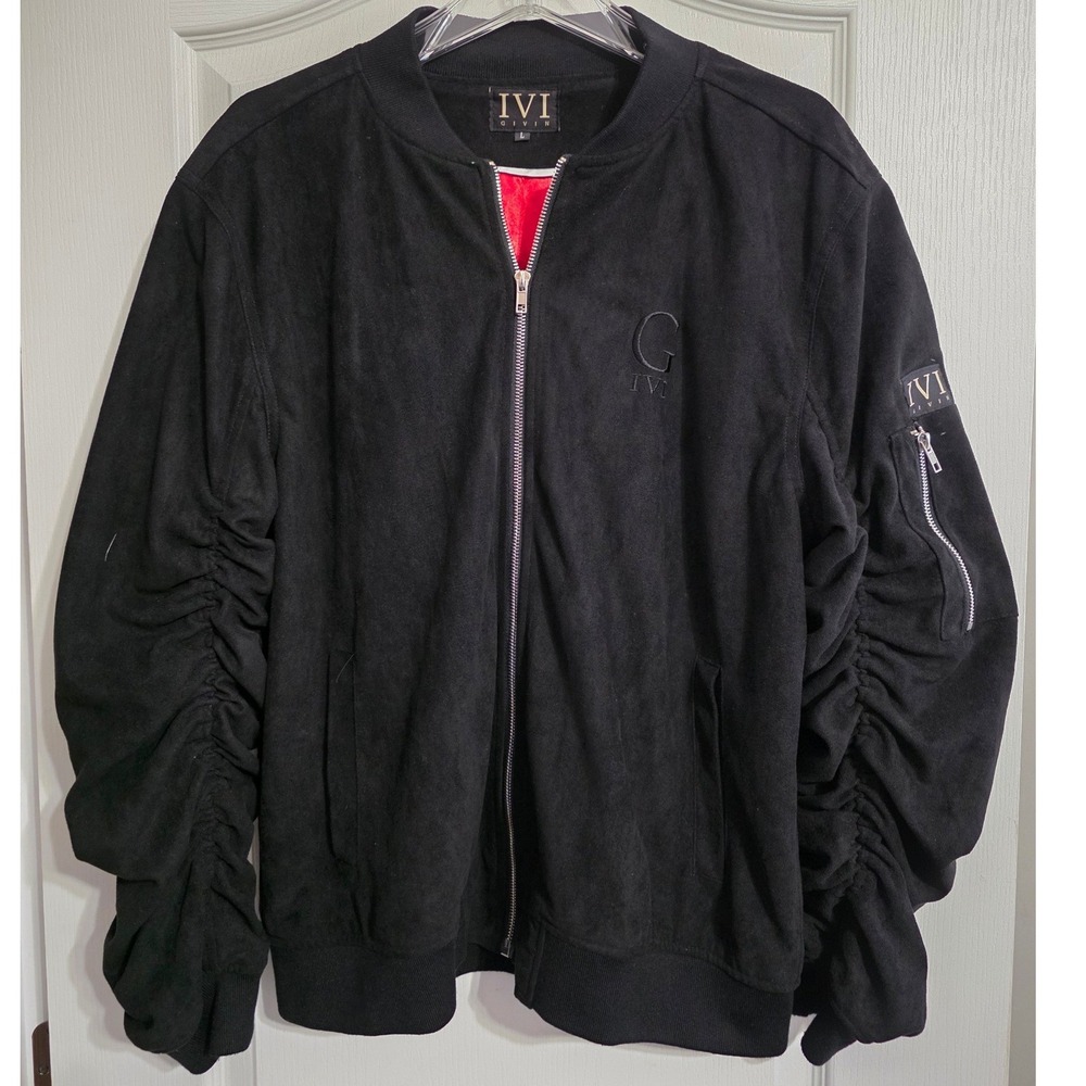 IVI Givin Mens L Black/Red Suede Ruched Sleeve Bomber Jacket Streetwear Y2K
